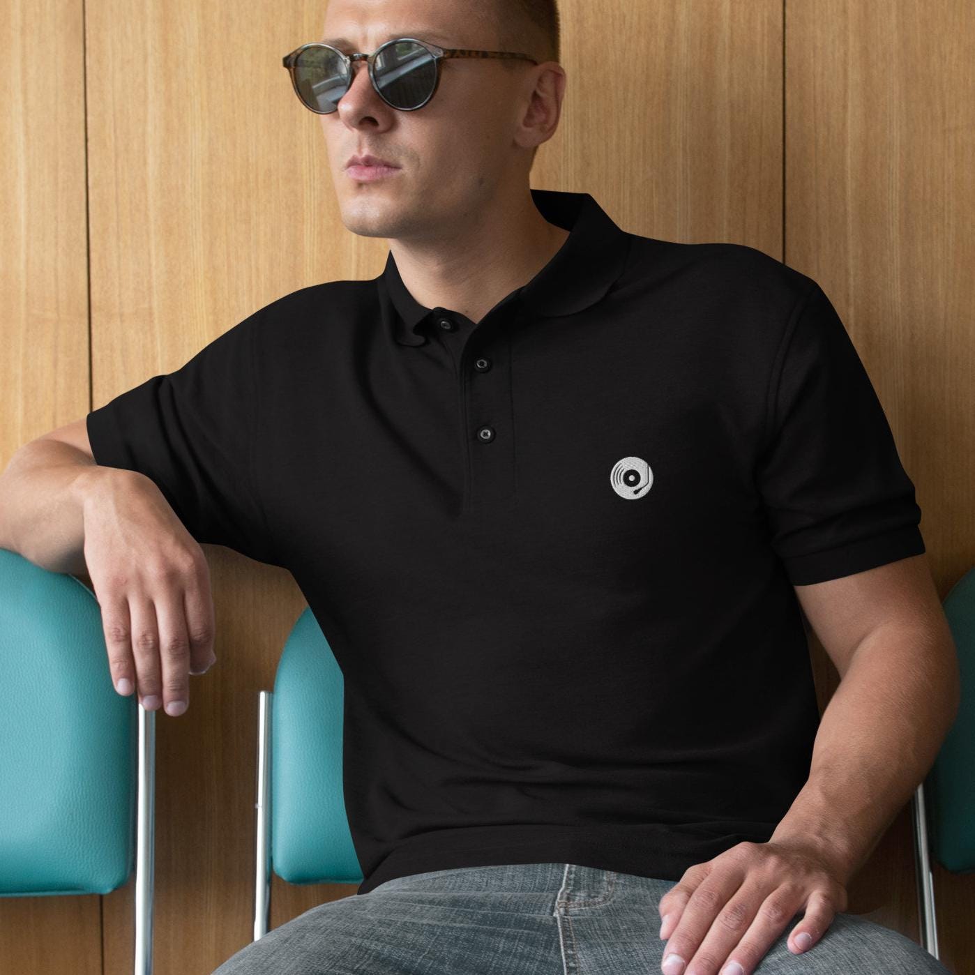 Vinyl Record Shirt For Men, Audiophile Polo Shirt Embroidered Vinyl Record Logo Men's Premium Polo Turntable Shirt