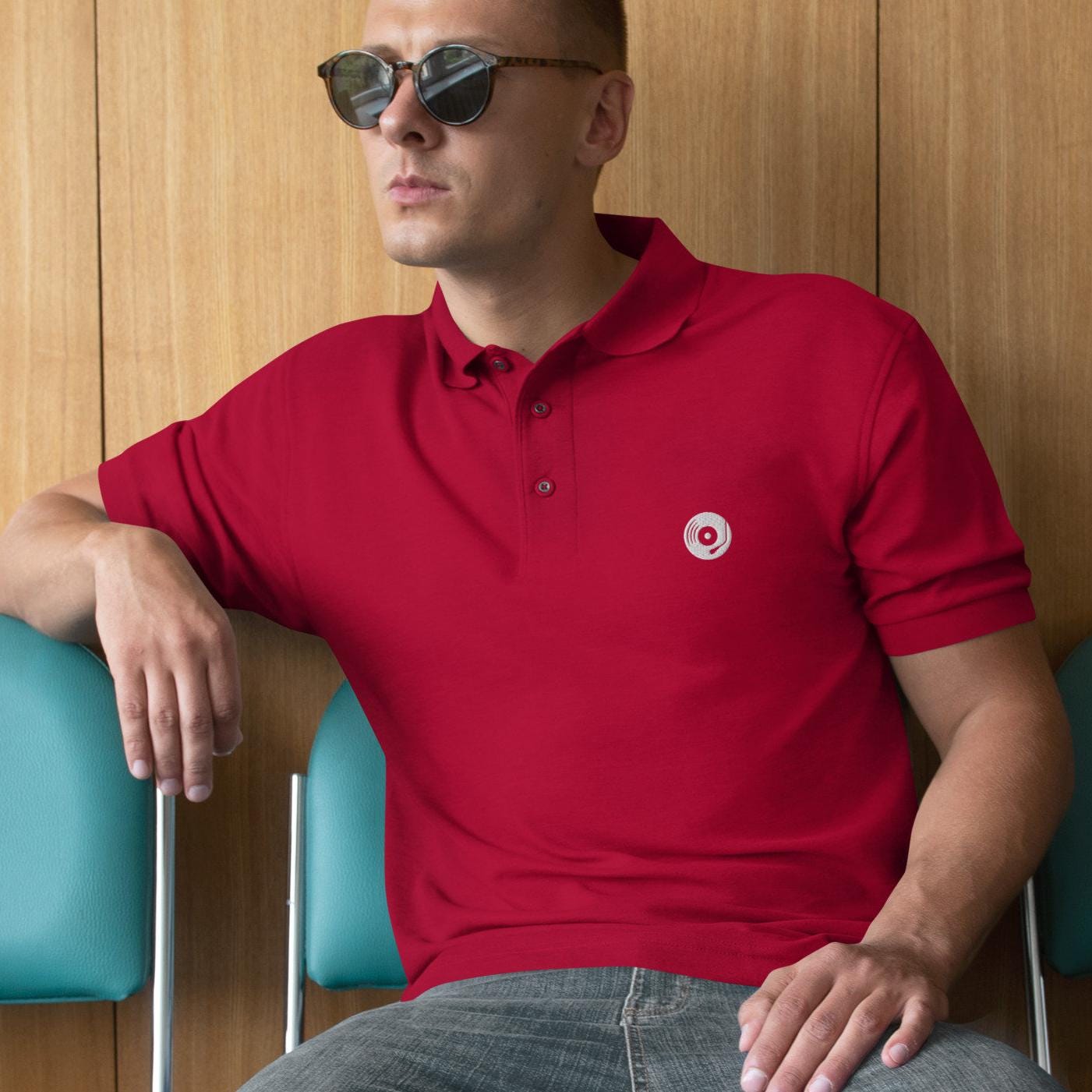 Vinyl Record Shirt For Men, Audiophile Polo Shirt Embroidered Vinyl Record Logo Men's Premium Polo Turntable Shirt