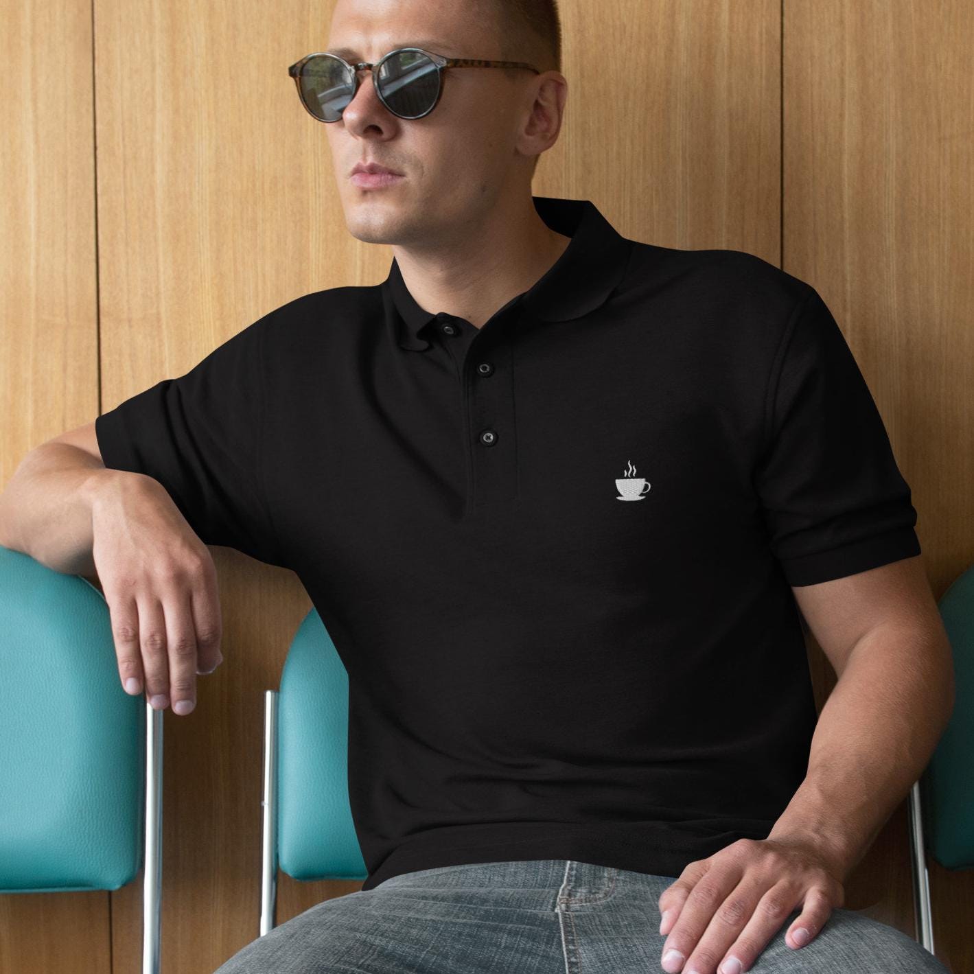 Coffee Shirt for Men, Coffee Polo Shirt, Coffee Lover Golf Shirt Men's Premium Polo Embroidered Coffee Logo Shirt