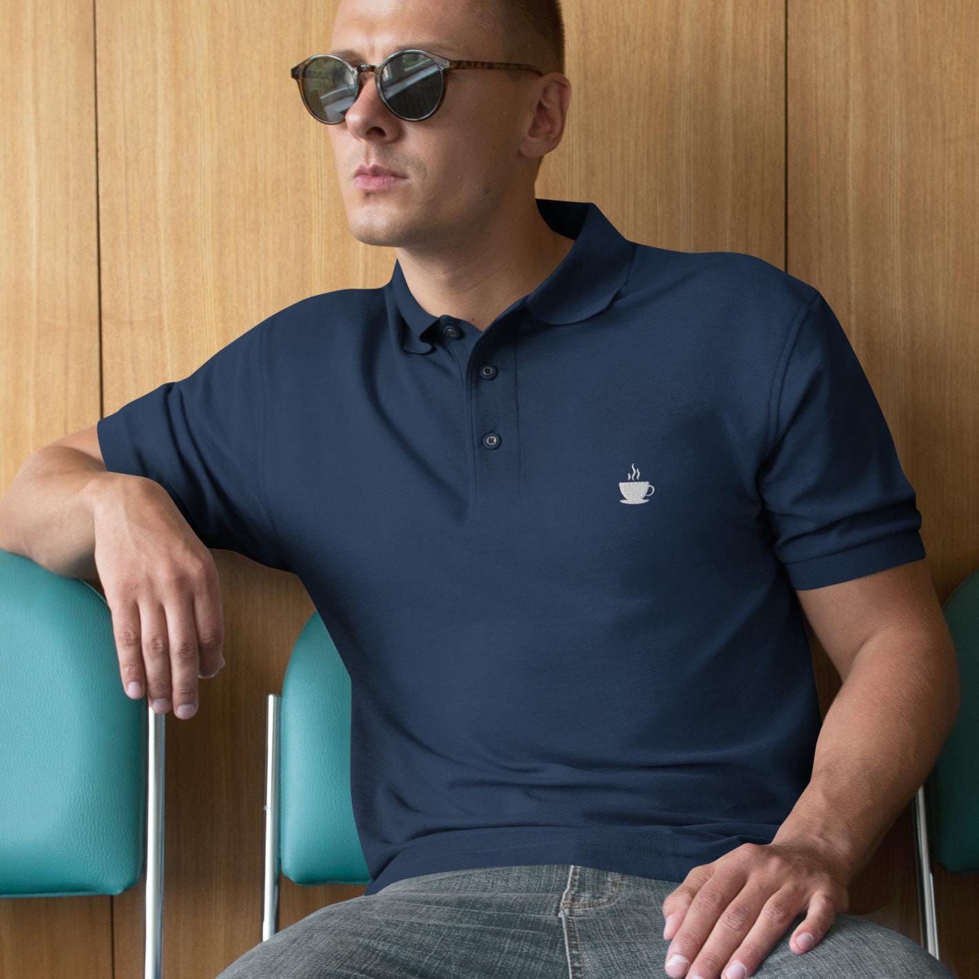 Coffee Shirt for Men, Coffee Polo Shirt, Coffee Lover Golf Shirt Men's Premium Polo Embroidered Coffee Logo Shirt