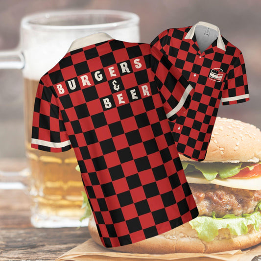 Burgers & Beer Button Down Shirt, Foodie Shirt Short-sleeve Hawaiian Shirt Funny Burger and Beer Hamburger Lover Gifts