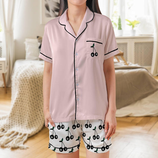 Eight Ball Cherry Satin Pajama Set - Womens Short Sleeve Sleepwear