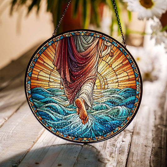 Jesus Walking on Water Stained Glass SunCatcher Christian Art Window Hanging