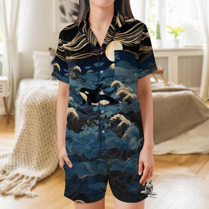 Orca Pajama Set Short Sleeves, Killer Whale Woman's Satin Pajamas Ocean Lover