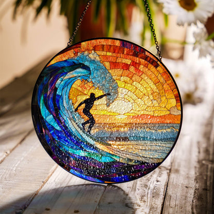 Surfing Stained Glass Sun Catcher - Beach Sunset Window Decor for Surf Lovers