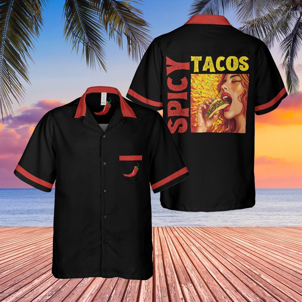 Spicy Tacos Button Down Shirt with Pocket, Taco Shirt Spicy Food Short-sleeve Hawaiian Shirt Spicy Chili Foodie Shirt