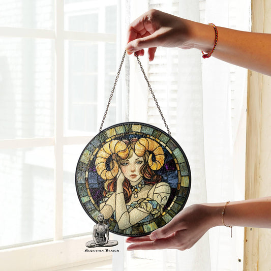 Aries Stained Glass Zodiac SunCatcher Aries Zodiac Sign Window Hanging Decor