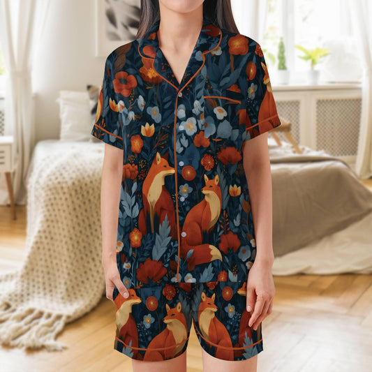 Fox Pajama Set Short Sleeves Red Fox Woman's Colorful Satin Pajama Short Sleeve