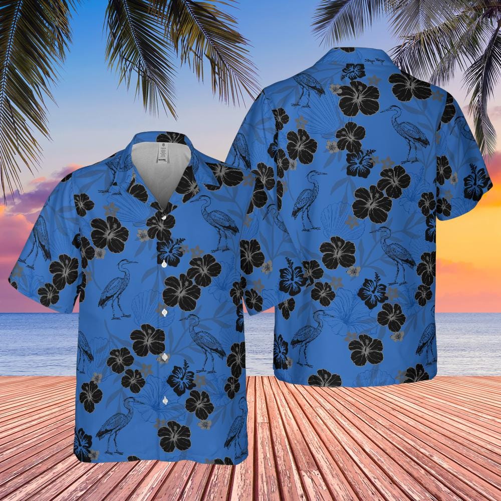 Heron Hawaiian Shirt, Bird Lover Shirt Blue Heron Short-sleeve Hawaiian Shirt Birdwatching Shirt Bird Watching