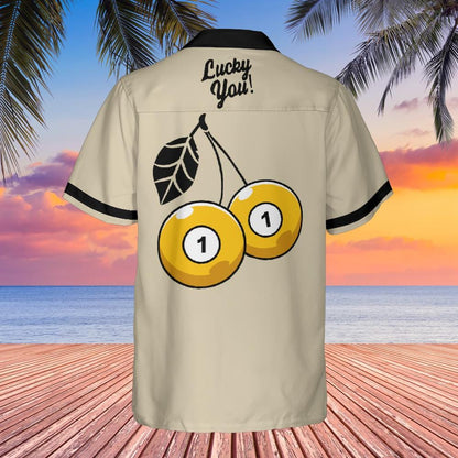 Lucky You Cherry One 1 Ball Button Down Shirt with Pocket, One Ball Short-sleeve Hawaiian