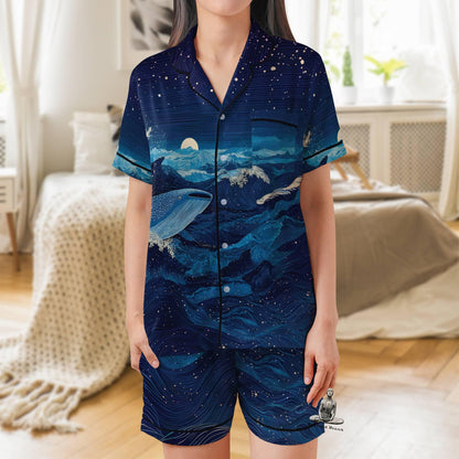 Whale Shark Satin Pajama Set - Short Sleeve Ocean Lover Gift Pajamas Set