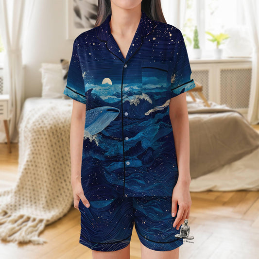 Whale Shark Satin Pajama Set - Short Sleeve Ocean Lover Gift Pajamas Set