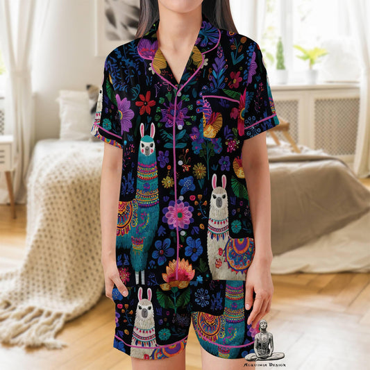 Llama Satin Pajama Set - Alpaca Womens Short Sleeve PJs with Flowers