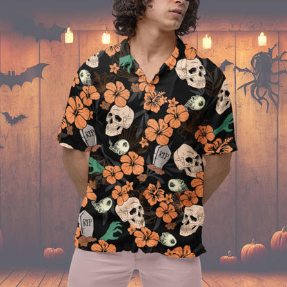 Halloween Button Down Shirt, Halloween Hawaiian Shirt Skeleton Halloween Pattern