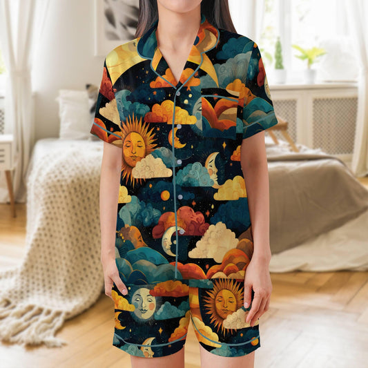 Sun  Moon Satin Pajama Set - Womens Short Sleeve PJs