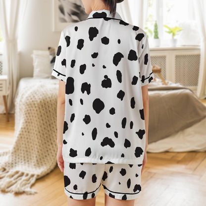 Dalmatian Pajama Set Short Sleeves, Dalmation Print Woman's Satin Pajamas