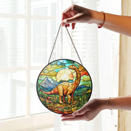 Brontosaurus Stained Glass SunCatcher Dinosaur Window Hanging Home Decor Art
