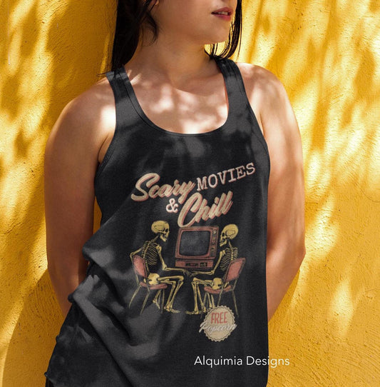 Scary Movies & Chill Tank, Halloween Tank Top, Trendy Vintage Inspired Shirt