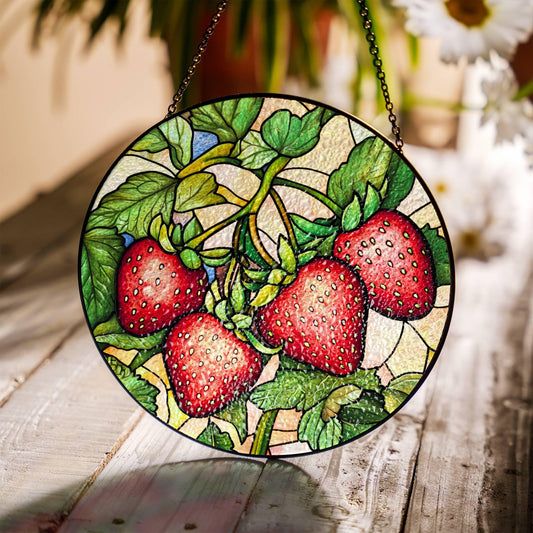 Strawberry Stained Glass Sun Catcher - Berry Window Decoration for Fruit Lovers