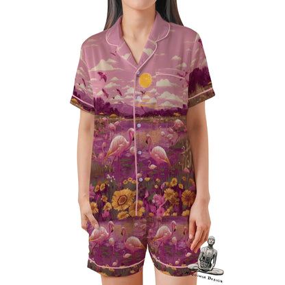 Flamingo Short Sleeves Pajama Set, Flamingo Woman's Satin Pink Pajamas
