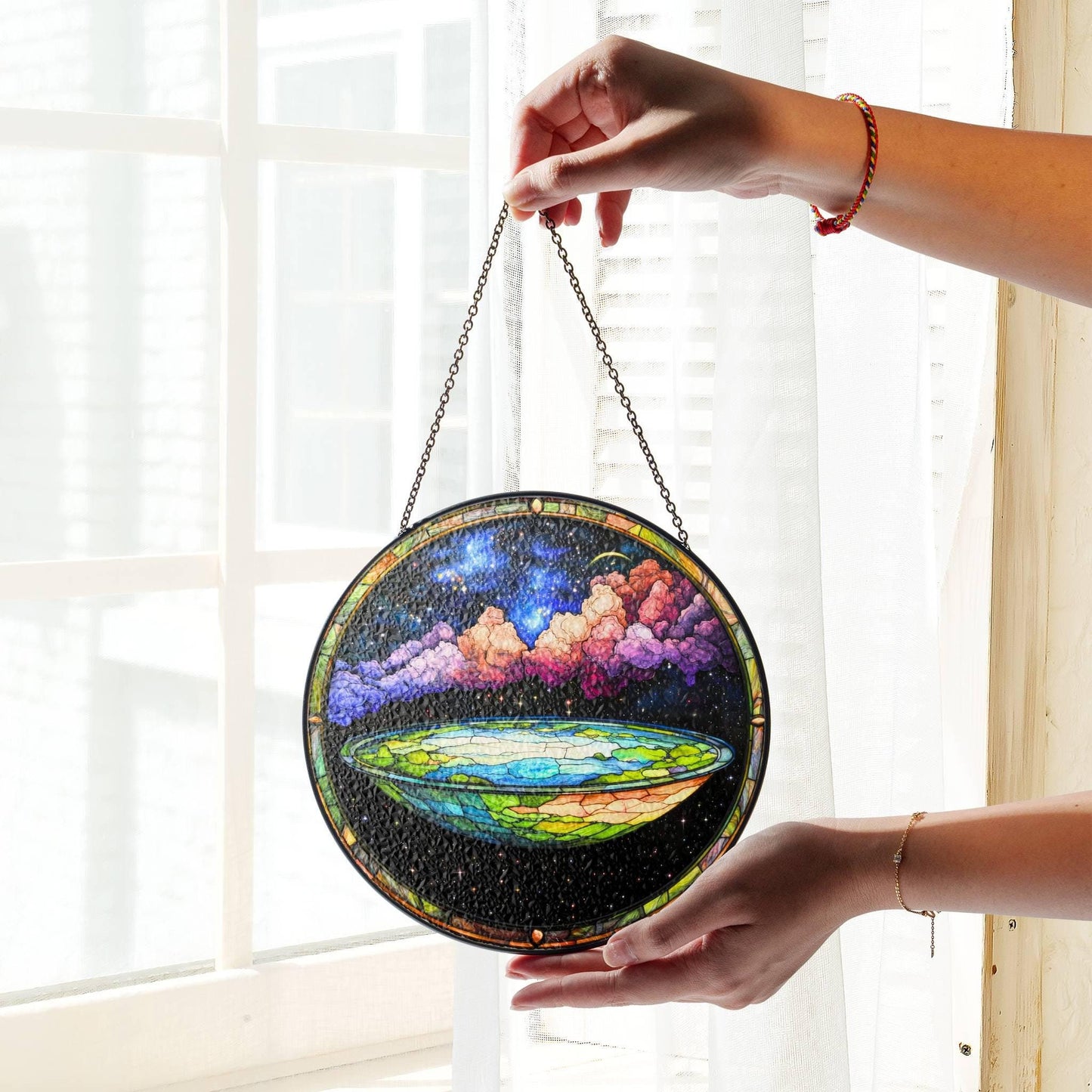 Flat Earth Stained Glass SunCatcher Conspiracy Theory Window Hanging Decor