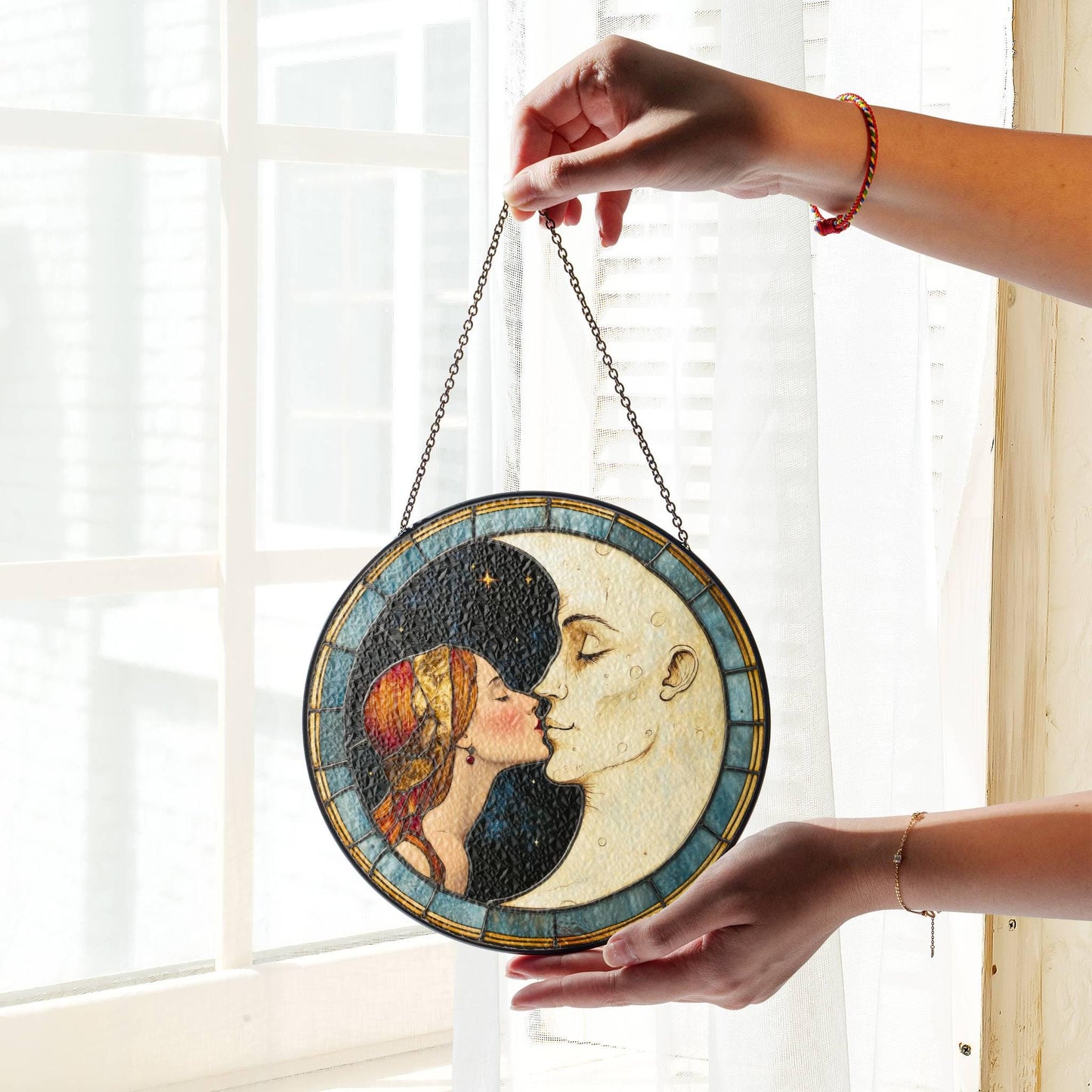 Woman Kissing Moon Stained Glass SunCatcher Moon Light Catcher