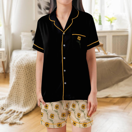 California Poppy Satin Pajama Set - Womens Short Sleeve Poppy Floral Sleepwear