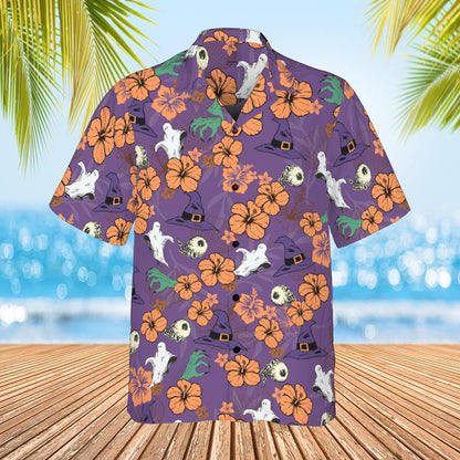 Halloween Hawaiian Shirt, Halloween Button Down Shirt Ghost Witch Skeleton Halloween Pattern