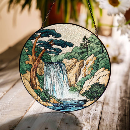 Waterfall Stained Glass SunCatcher Forest Landscape Light Catcher Window Hanging