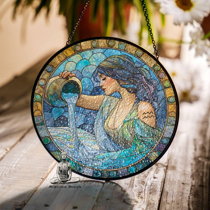 Aquarius Stained Glass Zodiac SunCatcher Aquarius Gift Window Hanging