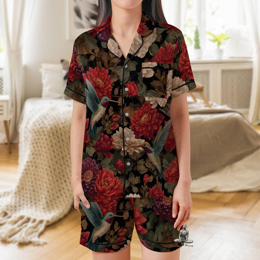 Hummingbird Pajamas Set Short Sleeves, Bird Lover Woman's Satin Pajama