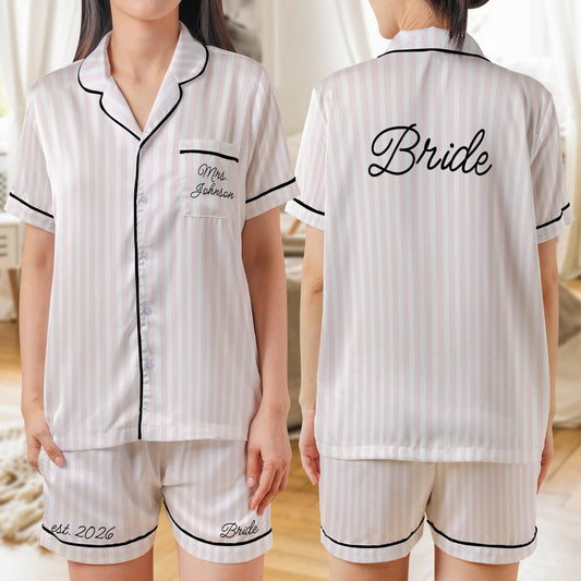 Bride Pajama set, Personalized Bridal PJs Short Sleeve PJ with shorts