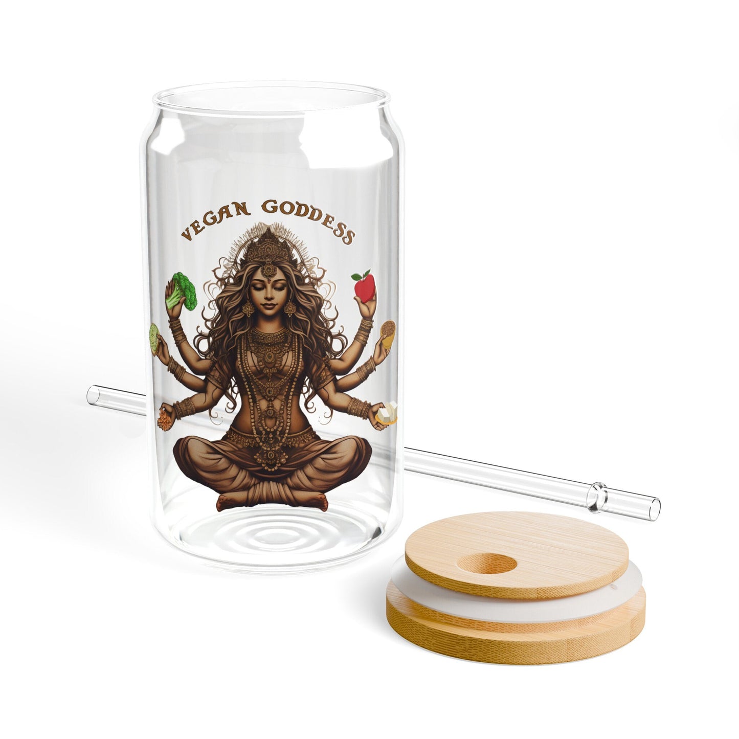 Vegan Glass Tumbler - 16oz Sipper with Bamboo Lid Vegetable Lover Cup