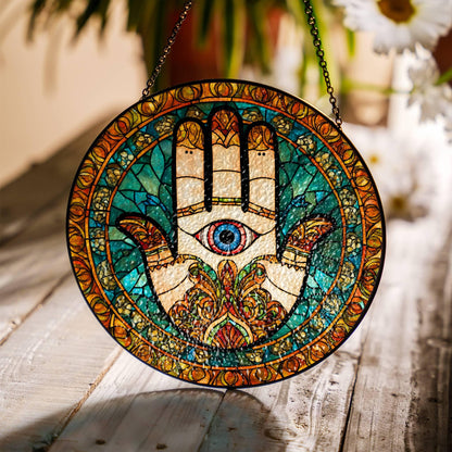 Hamsa Hand Stained Glass Sun Catcher - Hand of Fatima Window Hanging Decor