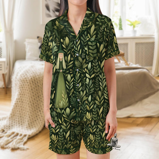Green Witch Satin Pajama Set - Short Sleeve Wiccan Gift for Plant Lovers Witch