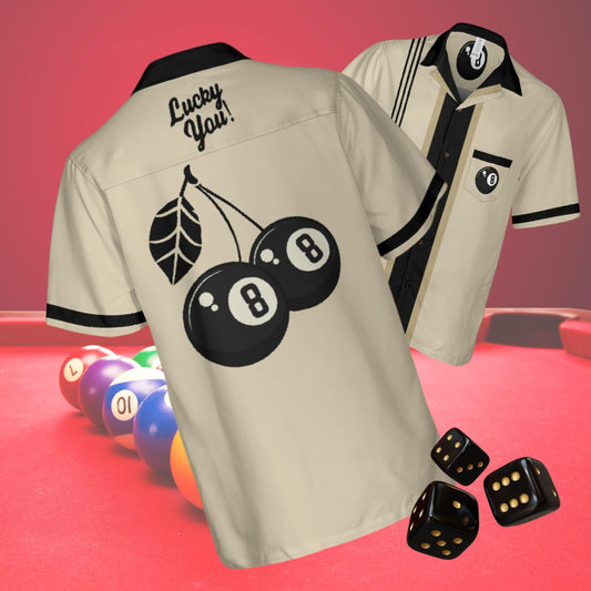 Lucky You Cherry 8 Ball Button Down Shirt with Pocket, Eight Ball Short-sleeve Hawaiian