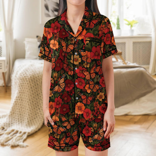 Monarch Butterfly Short Sleeves Pajama Set, Butterfly and Flowers Satin Pajamas