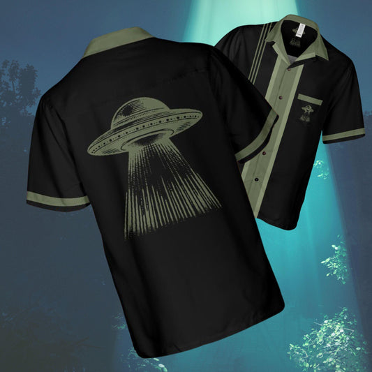 UFO Button Up Shirt with Pocket, Alien UFO Hawaiian Shirt Rockabilly Bowling Shirt