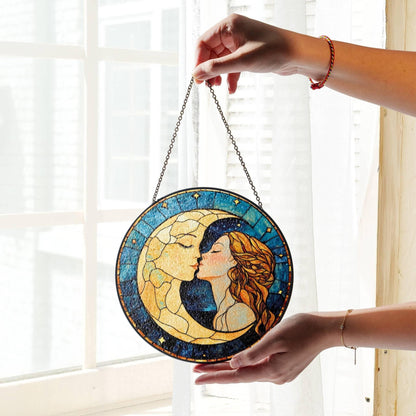 Woman Kissing Moon Stained Glass SunCatcher Moon Light Catcher