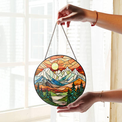 Mountain Range Stained Glass SunCatcher Sunset Window Hanging Scenery Art Decor
