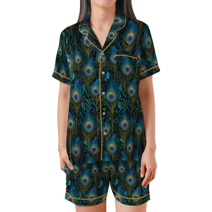 Peacock Pajama Set Short Sleeves, Peacock Feathers Woman's Satin Pajamas
