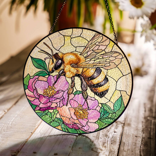 Bee Stained Glass SunCatcher Honey Bee with Flowers Window Hanging Decor