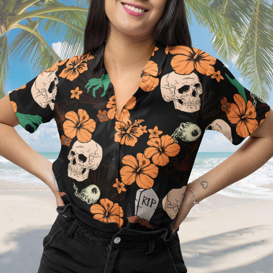 Halloween Button Down Shirt, Halloween Hawaiian Shirt Skeleton Halloween Pattern