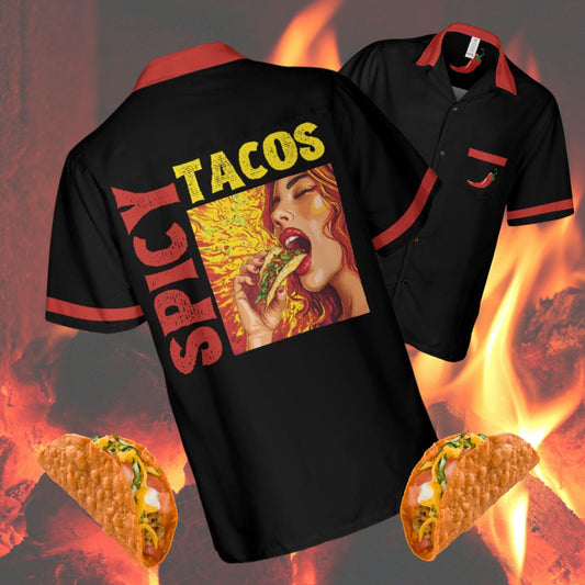 Spicy Tacos Button Down Shirt with Pocket, Taco Shirt Spicy Food Short-sleeve Hawaiian Shirt Spicy Chili Foodie Shirt