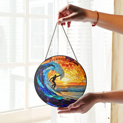Surfing Stained Glass Sun Catcher - Beach Sunset Window Decor for Surf Lovers