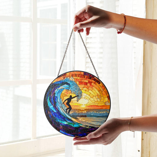 Surfing Stained Glass Sun Catcher - Beach Sunset Window Decor for Surf Lovers
