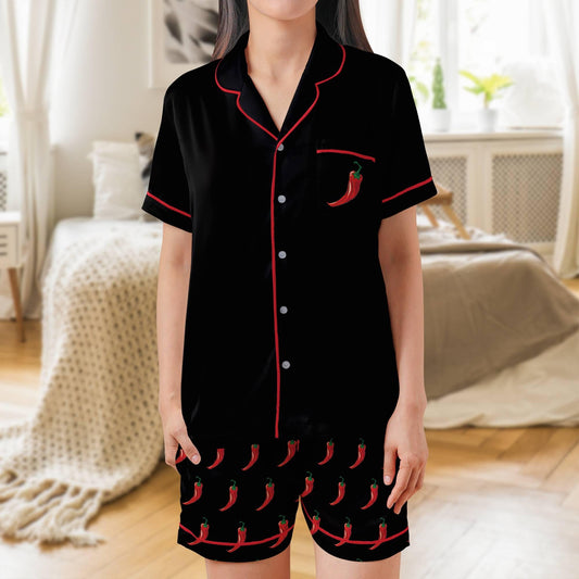Chili Pepper Satin Pajama Set - Womens Short Sleeve Shorts in Spicy Red