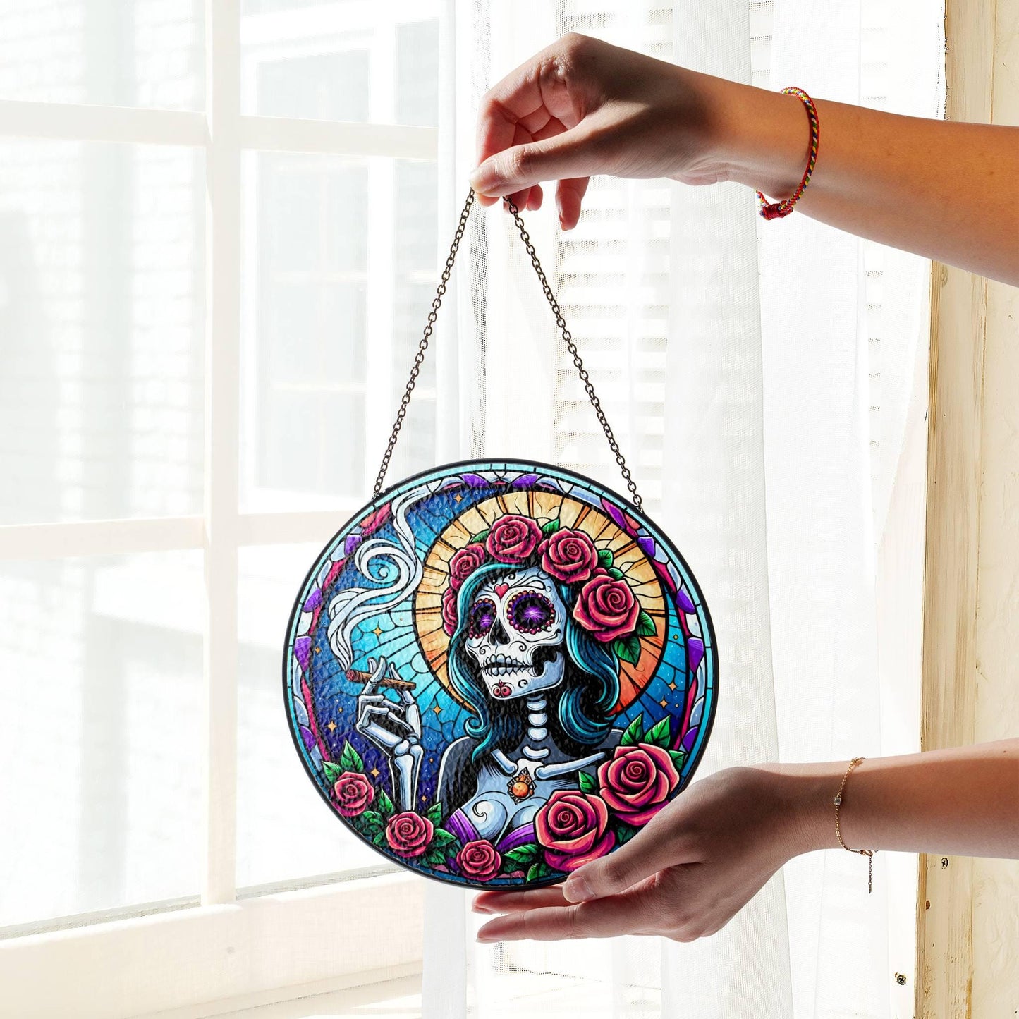 Dia De Los Muertos Stoner Sugar Skull Stained Glass SunCatcher Day of the Dead Decor