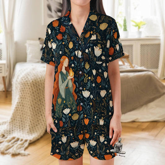 Brigid Pajamas Set Short Sleeves, Brigit Celtic Goddess Woman's Satin Pajama