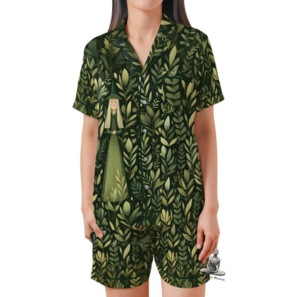 Green Witch Satin Pajama Set - Short Sleeve Wiccan Gift for Plant Lovers Witch